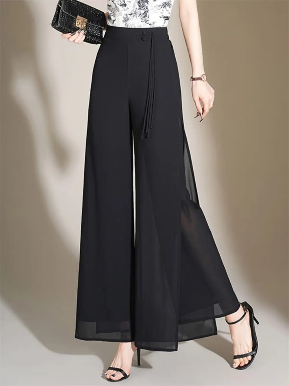 Pantalon dama palazo, tiro alto, pierna ancha, corte holgado y drapeado con abertura lateral